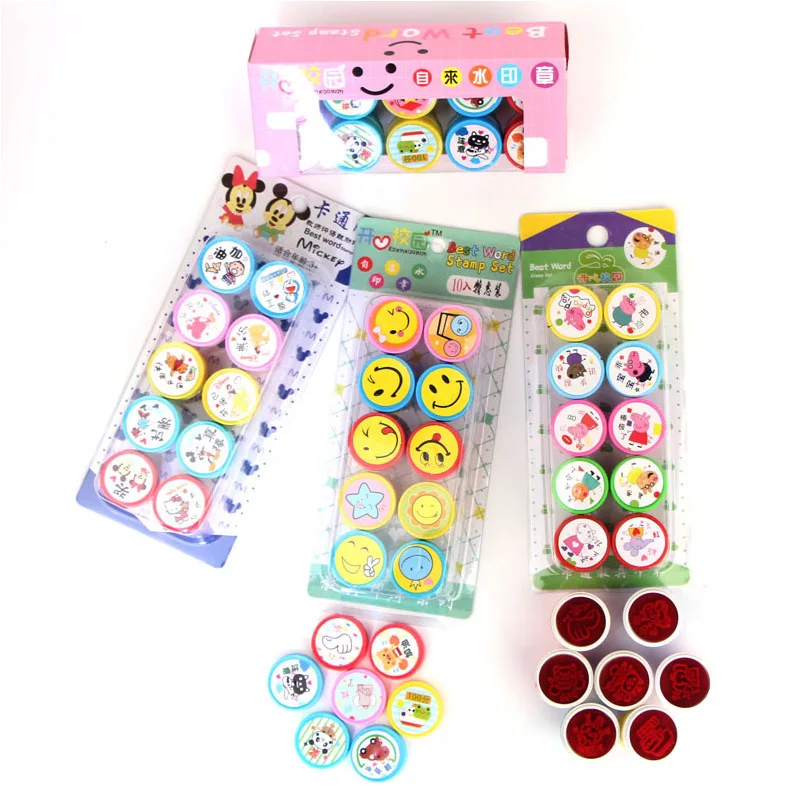 10pcs/set Cute Animal Smile Cartoon Reviews Encouraging Students Children's Seal Reward Kids Children Circular Stamps Toys