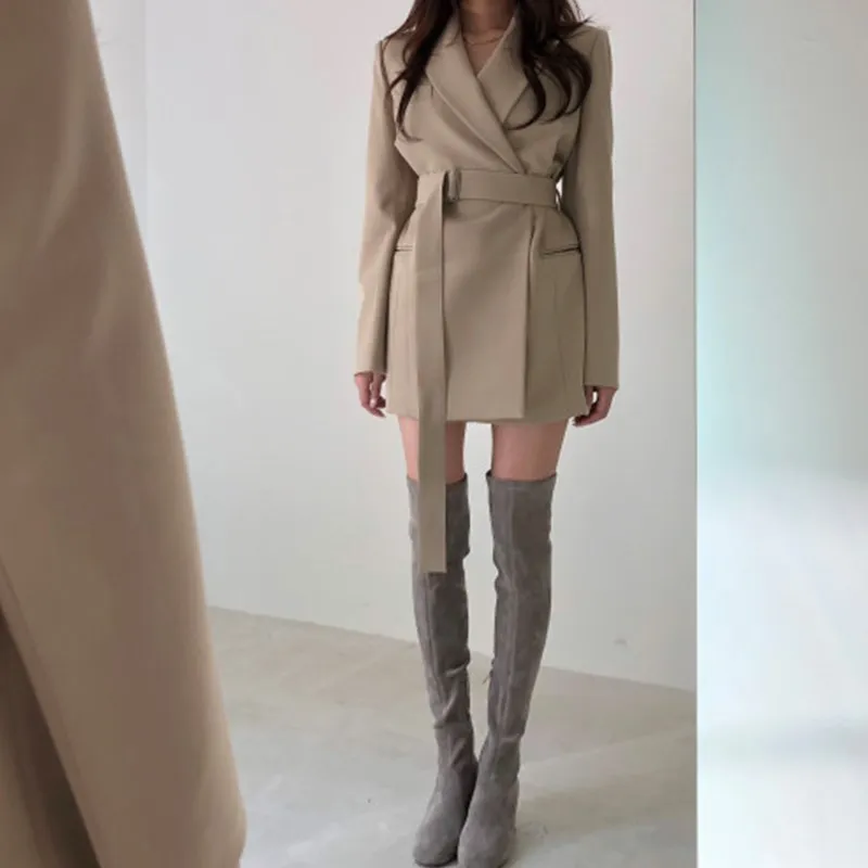Women Spring Sashes Office Blazer Jacket None Button Work Office Lady Suit Casual Slim Turn Down Collar Blazer Coat Outwear