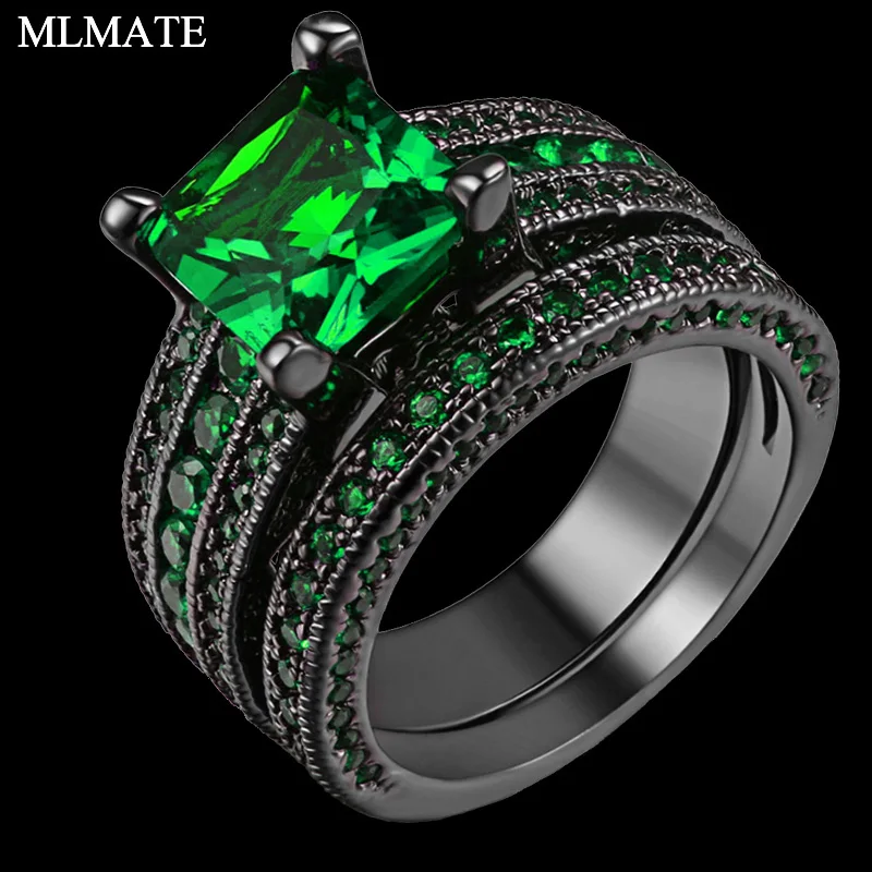 

2 PCS Black Square Crystal Womens Engagement Wedding Ring Blue / Green Gems Enamel Ring Sets