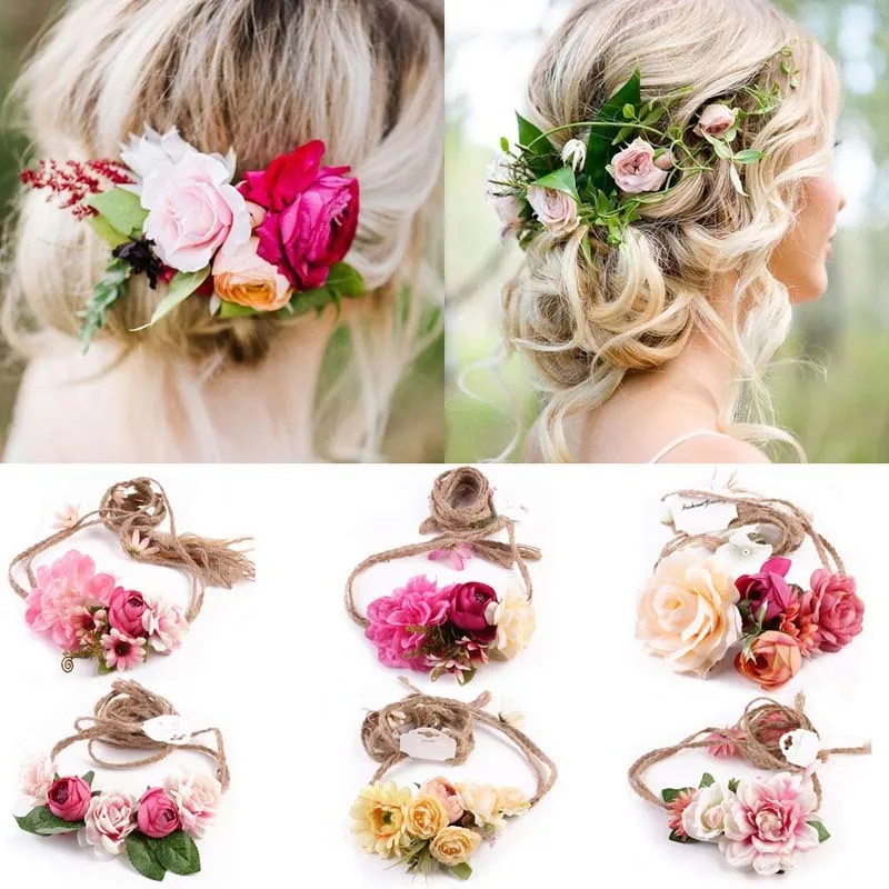 

MMISM Wedding Flower Garland Hemp Rope Headbands Mori Girl Belt Women Boho Festival Bridal Wreath Cintillo Hair Band Accessories