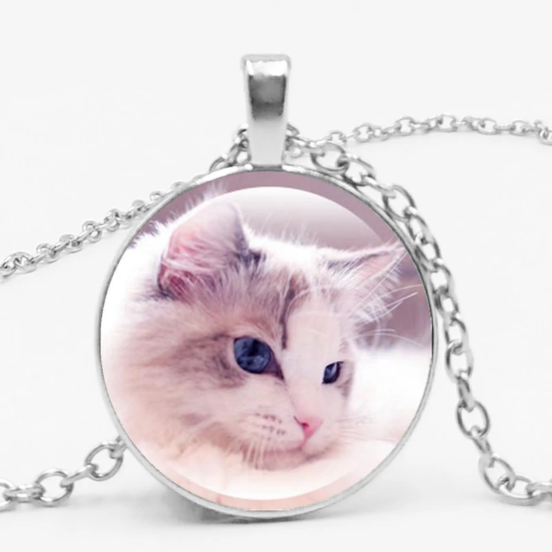 

Mini Cartoon Cute Cat Time Gem Retro Glass Pendant Lady Sweater Chain Necklace