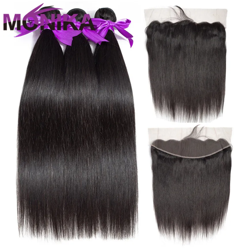 Monika Brazilian Bundles and Frontal Straight Frontal with Bundles Non Remy Human Hair 30 inch Bundles with Frontal and Bundles
