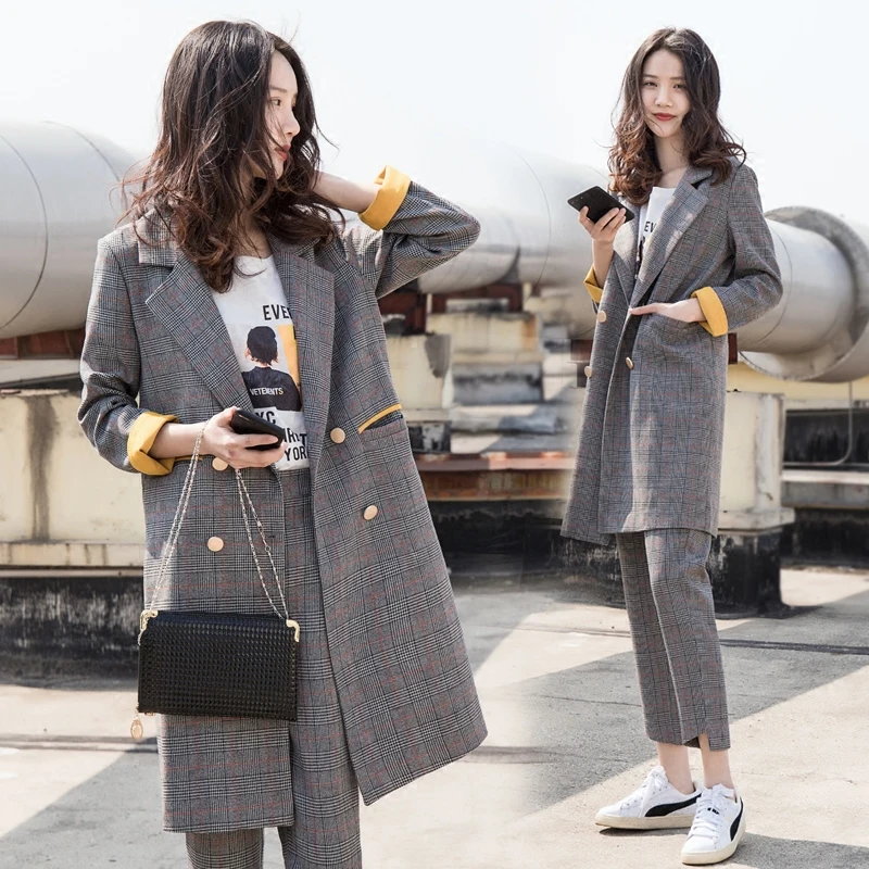 

good quality Women Double Breast Long section Blazer Suits Office Lady Sets Two-piece Work Set Long Sleeve lattice Suit Jacket