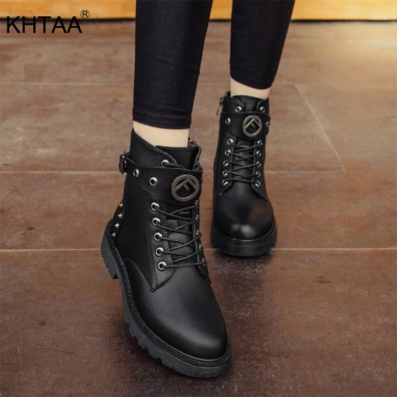 

KHTAA 2018 Women Rivet Lace Up New Autumn Ankle Boots Ladies Punk Style Thick Bottom Black Martin Shoes Female Fashion Low Heels
