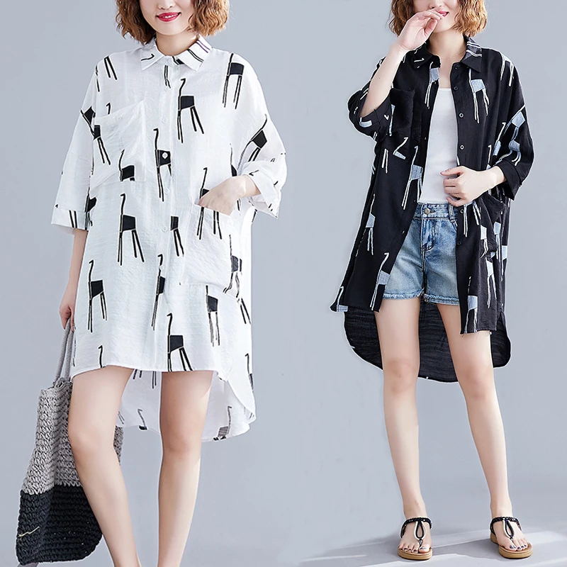 

BIG SIZE 4XL Summer Women Fashion Elegant Print Tops Ladies Female Plus Large Short Sleeve Long Loose Cotton Linen Blouse Shirt