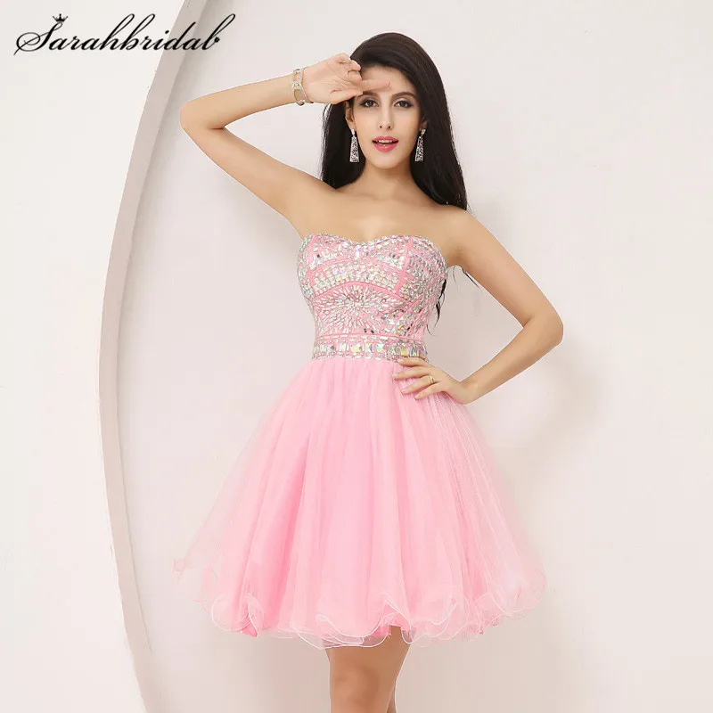 Pink Sexy Cocktail Dresses A Line Luxury Crystals Sweetheart Sleeveless