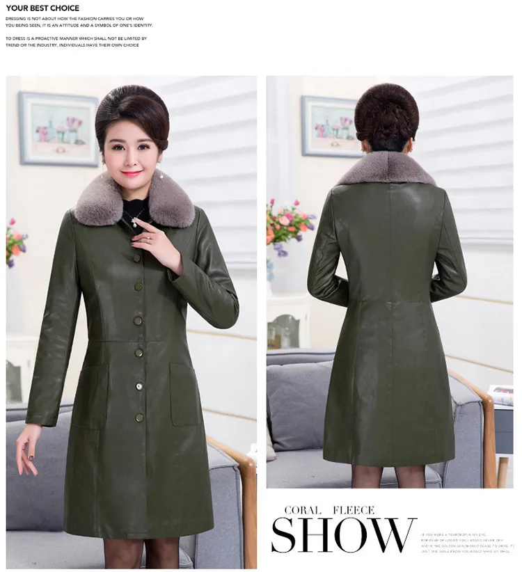 Middle Aged Women Winter Long Jacket Leather Coat Plus Size 6XL Fur Collar Jackets Elegant Women Padded Coat Button CH742 (6)