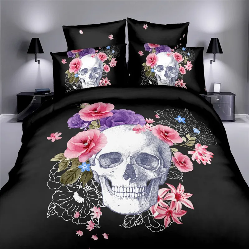 

New 3D Print Wolf Bed Europe Style Sugar Skull Bedding Pink Flower Duvet Cover 3D Skull Bedding set Plaid Duvet Covers King size