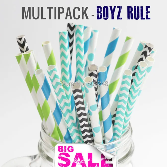 125pcs Mixed Colors BOYZ RULE Paper Straws Outlet Lime Green and Blue Striped Black Aqua Chevron Polka Dot | Дом и сад