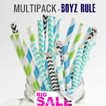

125pcs Mixed Colors BOYZ RULE Paper Straws Outlet,Lime Green and Blue Striped,Black and Aqua Chevron, Polka Dot