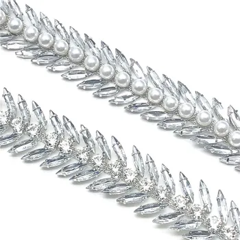 

5Yards/lot 4*15 Leaf Rhinestones and Pearls Trims with Silver Clear Leaf Shape Cup Chain Crystal for DIY Dress Clothes Accessory