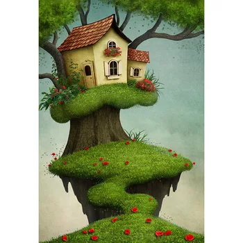 

Vinyl Wonderland Tree House Backdrop Photography Printed Red Flowers Green Grass Baby Kids Children Photo Studio Backgrounds