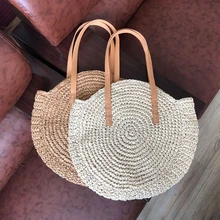 New Women Round Straw Bag Portable Ladies Natural Tote bag Big Large Handbag Woven Straw Shoulder Bag Girls Holiday Beach Bag two tone straw tote bag