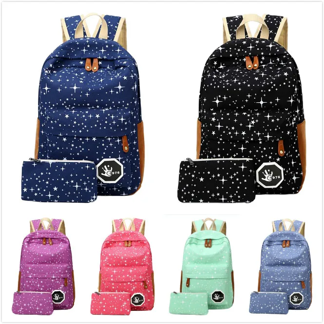 

2 pcs/set Fashion Cute Star Women Men Canvas Printing Backpack School Bag For girl Boy Teenagers Casual Travel bag Rucksack