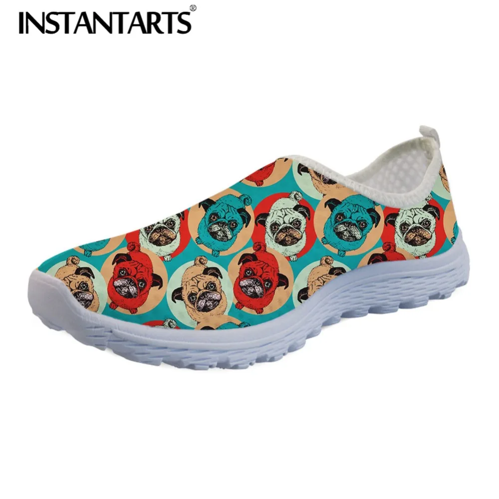 

INSTANTARTS Light Weight Women Fashion Mesh Sneakers Beach Water Shoes Cute 3D Floral Pug Dog Print Female Flat Sneakers Summer