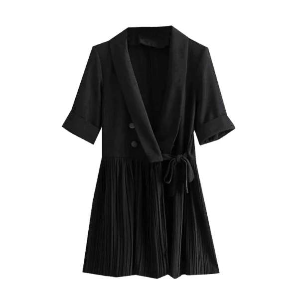 

Black Short Dress Empire Waist Pleated Half Sleeve Bow Button V-Neck Solid Spring Casual Streetwear Feshion 2019
