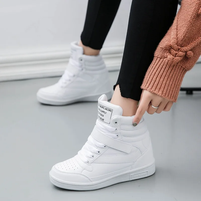 Women Sneakers 2018 Women Casual Shoes Platform Hidden Increasing Sneakers Breathable Leather Shoes High Top White Sneakers