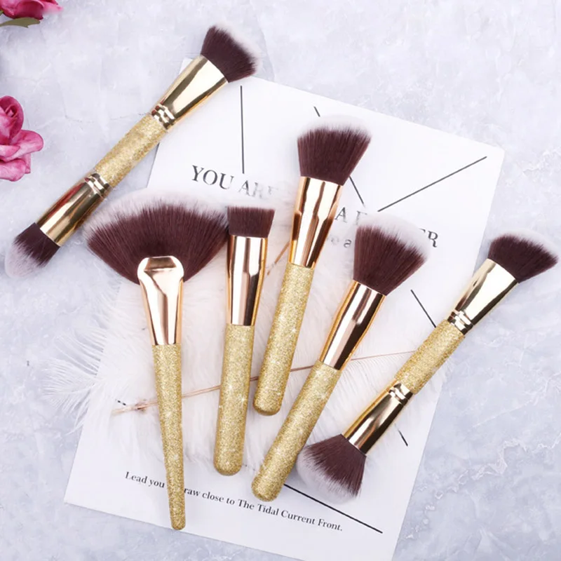 Shimmer Gold Luxurious Makeup Brushes Foundation Powder Contour Fan Shape Single Brushes Double