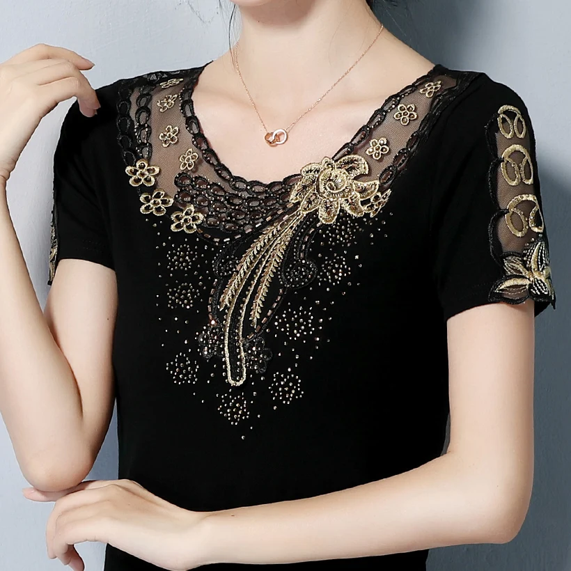 Najtaniej 4XL plus size koszula damska moda z krótkim rękawem lato bluzki koszula elegancka szczupła haftowana diamentowa bluzka damska