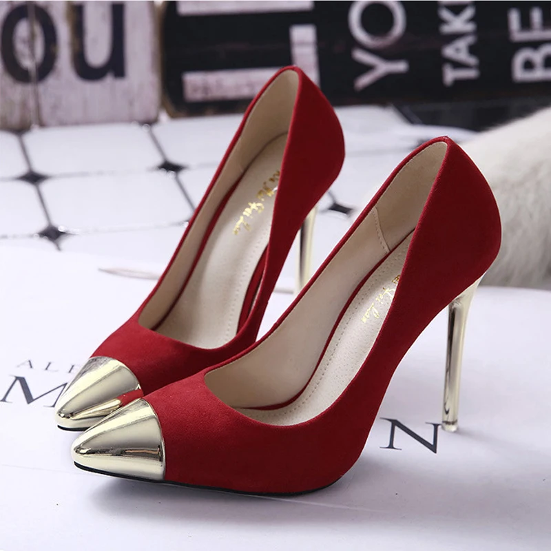 2016 New Spring Fall Flock font b Women s b font Pumps Pointed Metal Head Fine