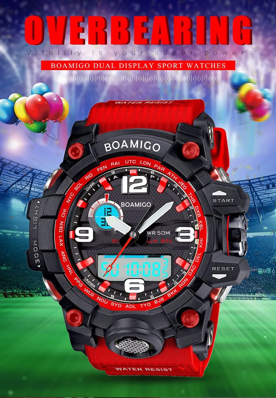 BOAMIGO Luxury Men's Watch LED  Analog Digital Plastic Military Watches Sport Quartz Wristwatches Dual Display Red Rubber Strap (10)