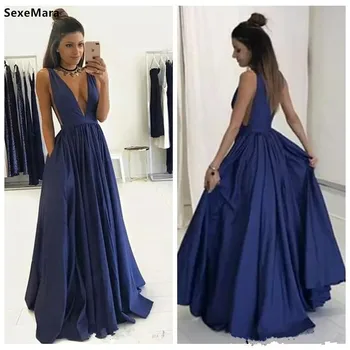 

Hiqh Quality Satin Prom Dress Sexy Deep V-Neck Backless Navy Blue Formal Party Gowns For Elegant Ladies Custom Made Vestidos