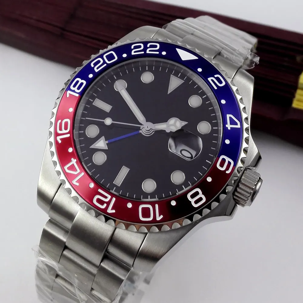 43mm BLiger Black Sterile Dial GMT Date Sapphire Glass Luminous Blue & Red bezel Deployment Automatic Movement men's Watch 43mm BLiger Black Sterile Dial GMT Date Sapphire Glass Luminous Blue & Red bezel Deployment Automatic Movement men's Watch