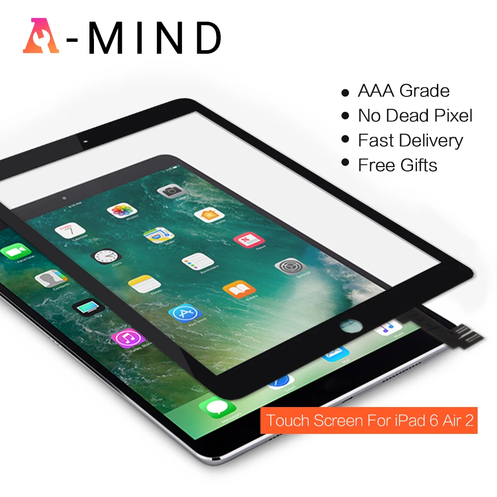 

For iPad Air 2 For iPad 6 Touch Screen Glass A1567 A1566 with Home Button and Adhesive Front Digitizer Replacement TP IC