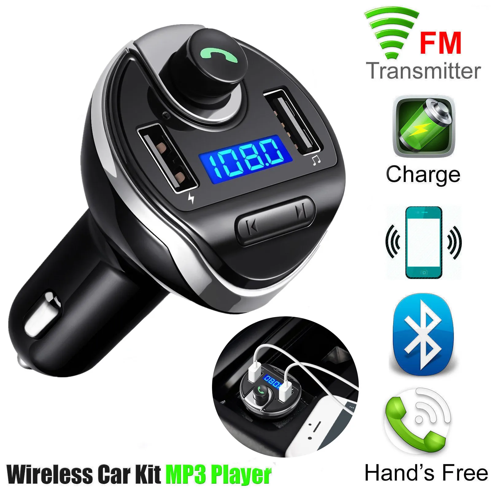 Bluetooth fm-передатчик для автомобиля Hands free в автомобиле fm-радио адаптер автомобильный комплект с USB зарядным устройством Обнаружение напряжения для телефонов