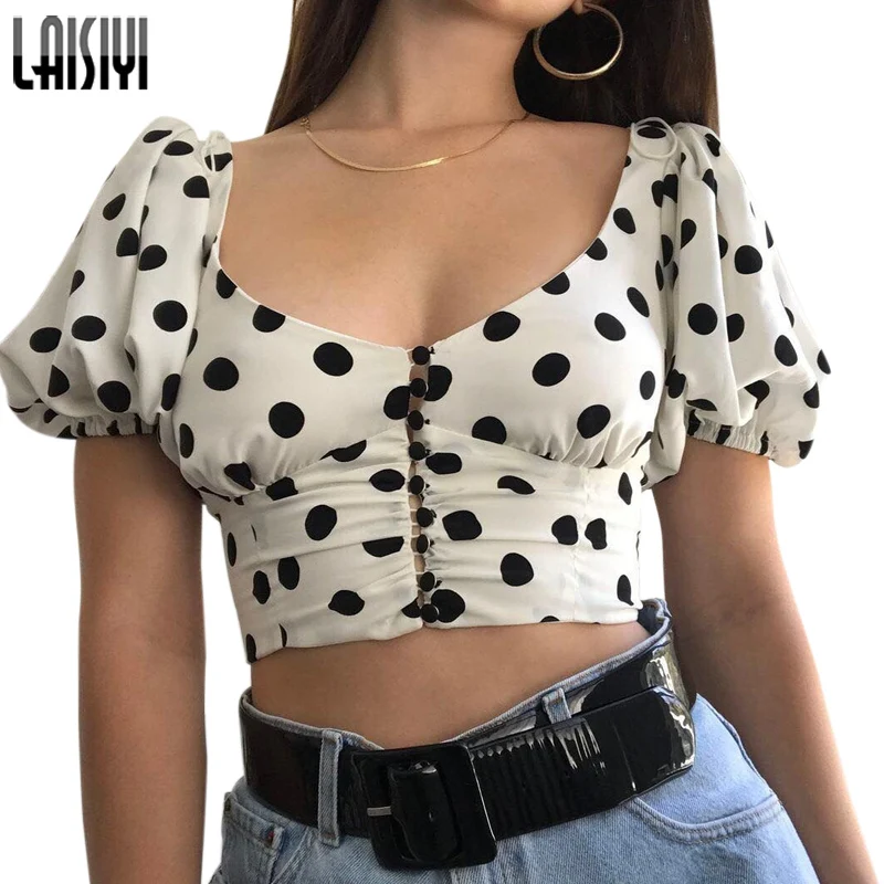 

LAISIYI 2019 Summer Blouses Women Casual Scoop Neck Dots Printed Shirts Puff Sleeve Cropped Top blusas mujer de moda ASBL20442