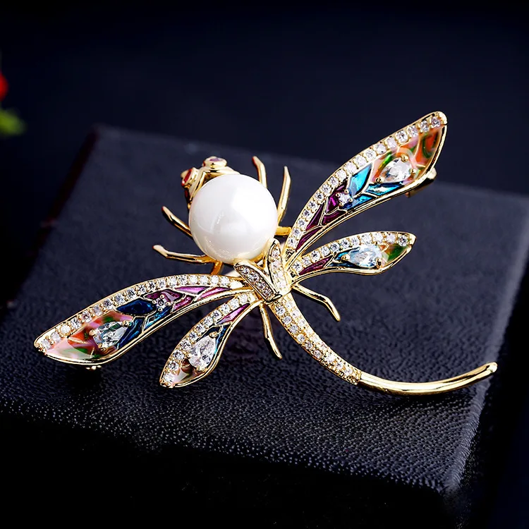 

SWOUR New Fashion Jewelry 925 Sterling Silver Dragonfly Design CZ Enamel Colored Pearl Animal Brooch and Pins High Quality S310