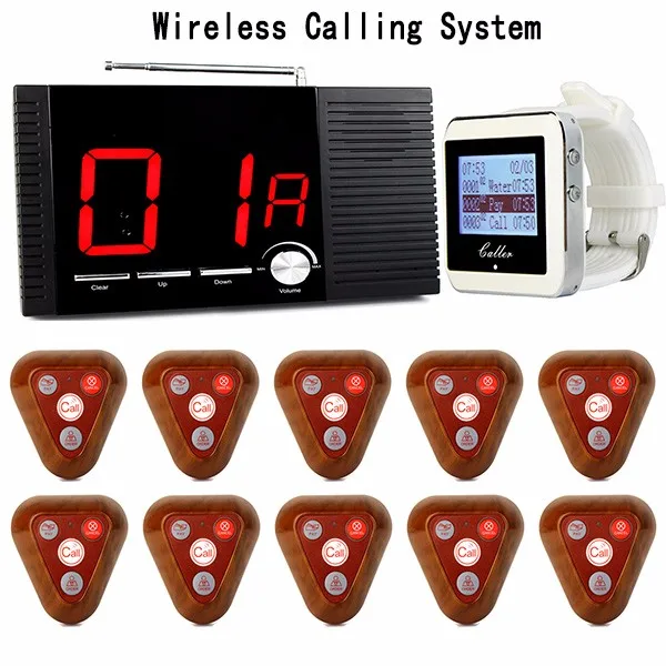 

Wireless Restaurant Calling System 1pcs Receiver Host+1pcs Watch Wrist Receiver+10pcs Call Transmitter Button 433MHz