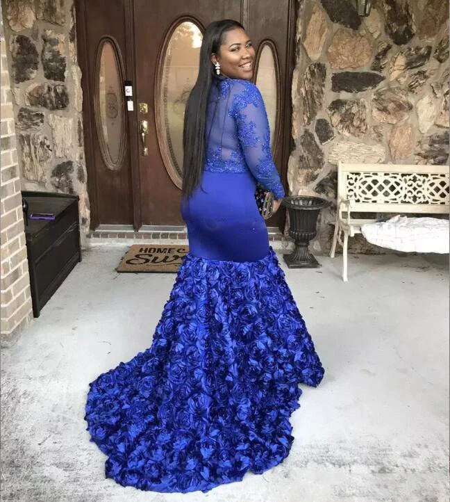 Размера плюс Королевский синий Русалка Длинные платья для выпускного бала рукав 3D цветок розы поезд Африка женское торжественное платье вечерняя одежда