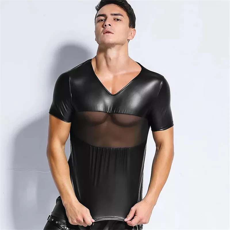 

Men's Sexy Mesh Faux Leather Patchwork Tees,Men's T-Shirts