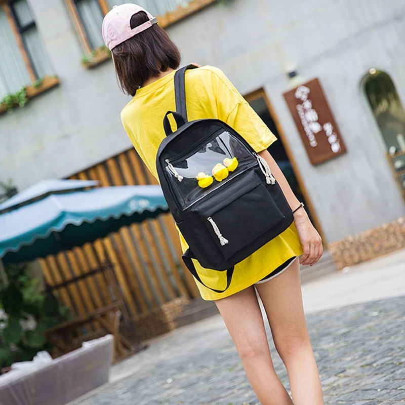 Женский холщовый студенческий рюкзак, прозрачная школьная сумка для девочек, сумка для книг с игрушечной уткой