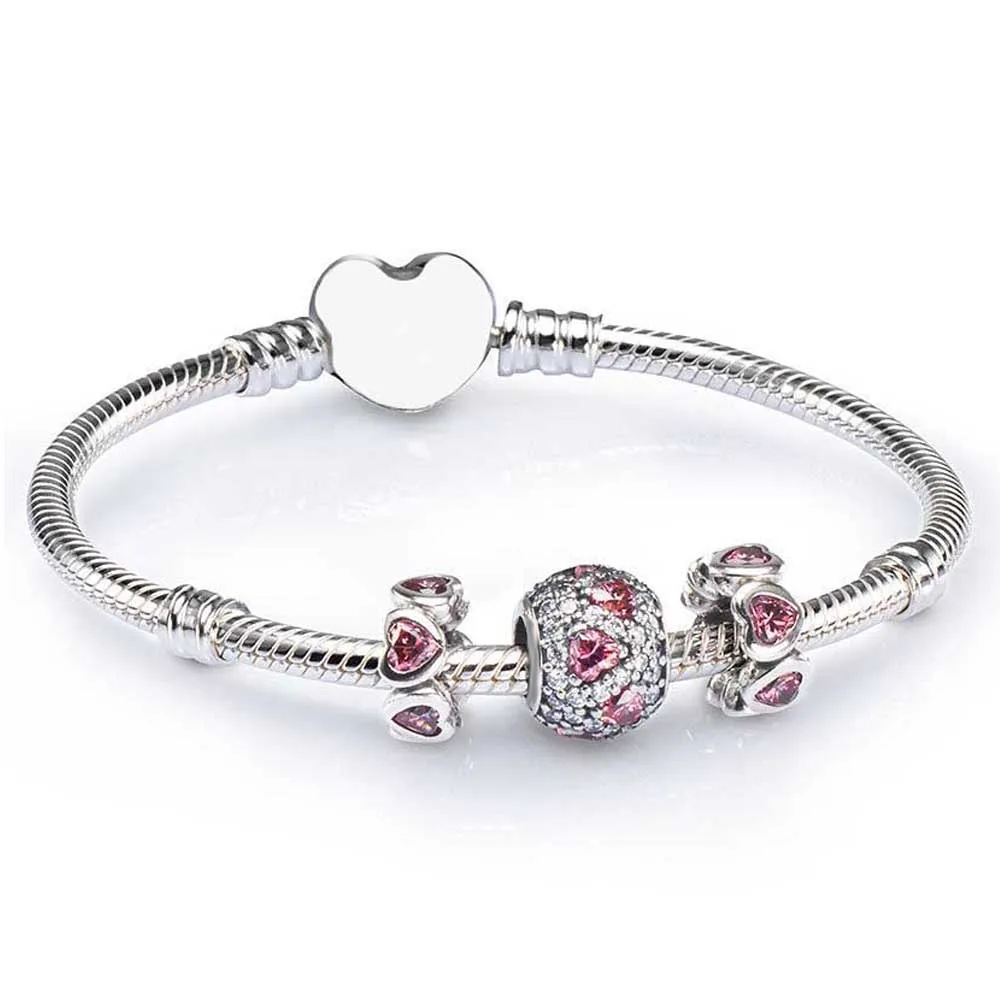 

NEW 100% 925 Sterling Silver SALE - PINK HEART PAVE BALL CHARM BRACELET SET fit DIY Original charm Bracelets jewelry A Set