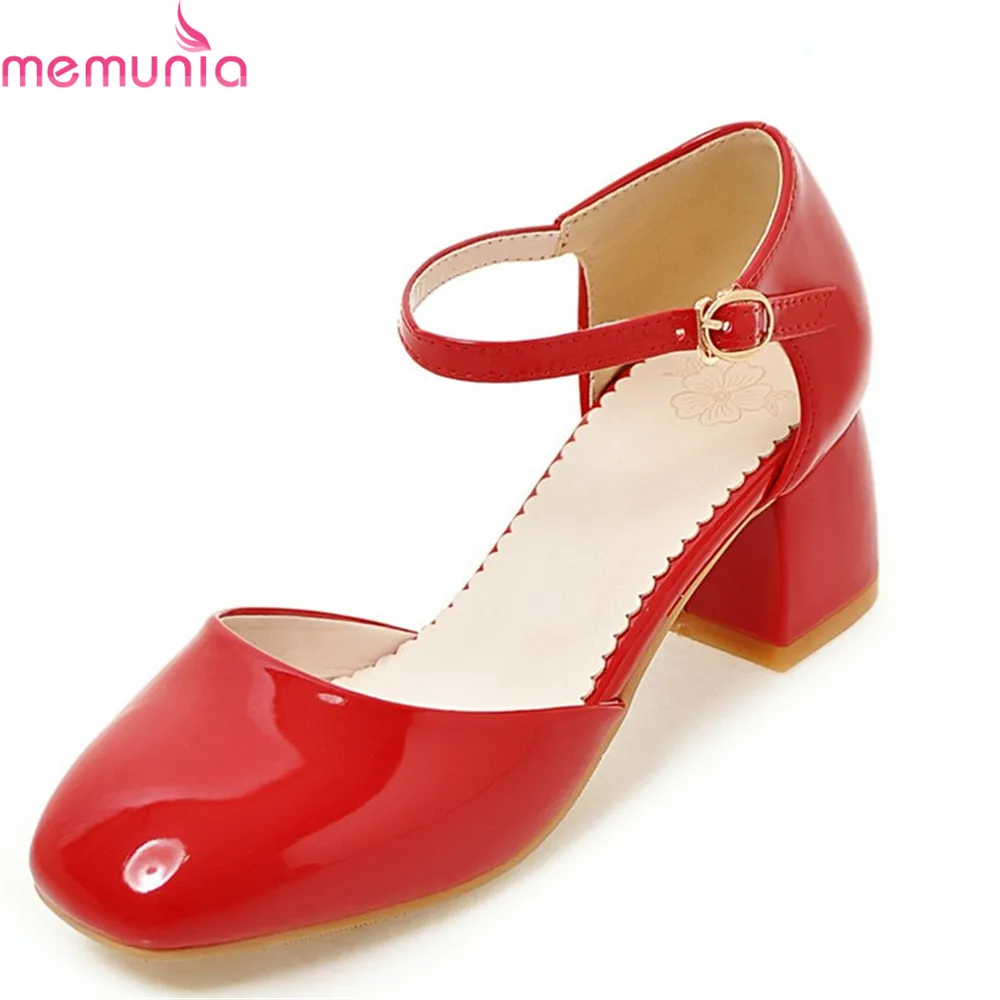 MEMUNIA/ г.; модные милые туфли-лодочки на Высоком толстом каблуке; Женские однотонные весенние туфли из лакированной кожи с квадратным носком; цвет красный, черный