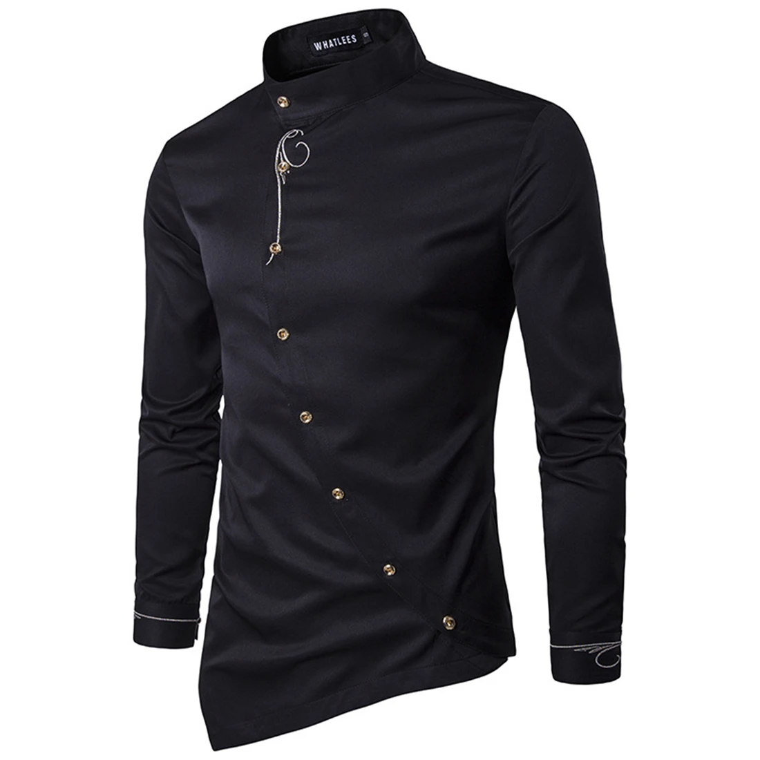 Button Up Irregular Mens Shirts Stand Collar Long Sleeve Solid Party ...