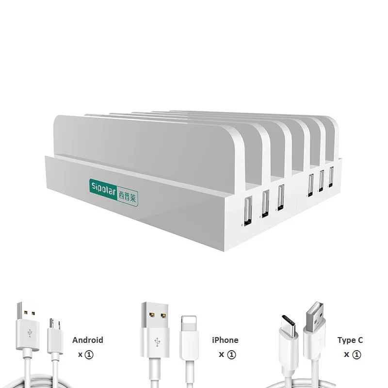 Sipolar usb зарядная док-станция, 6 портов, зарядная подставка 2.5A для мобильных телефонов типа C Android, планшетов, iphone hold, 5 шт., телефон - Цвет: White And 3PCS Cable