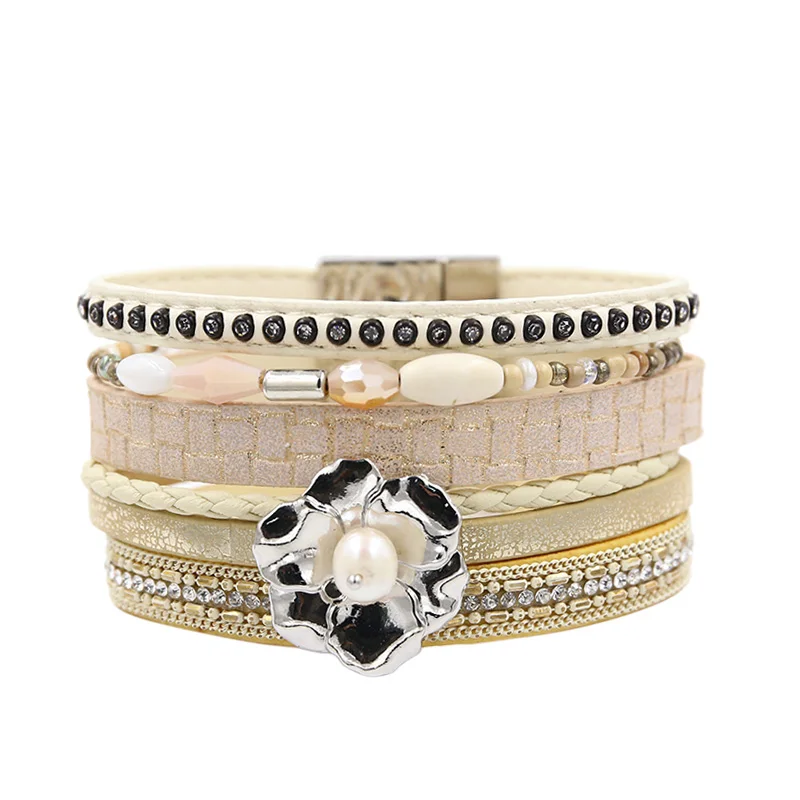 

Multilayer Crystal Beads Charm Bracelet For Women Handmade Floral Pearls Bracelets Vintage Rhinestone Woven Leather Wristband
