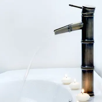 

Single Handle Bathroom Bamboo Vessel Filler Faucet, Antique Brass Hot & Cold Wat