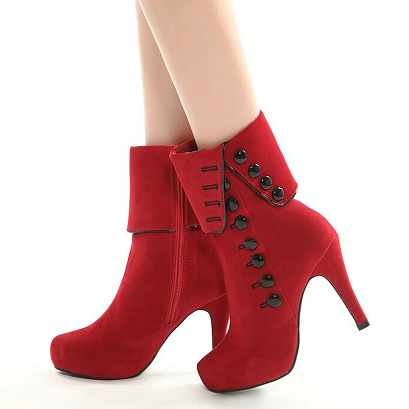 

Fashion Women Ankle Boots High Heels Fashion Red Shoes Woman Platform Flock Buckle Boots Ladies Shoes Female