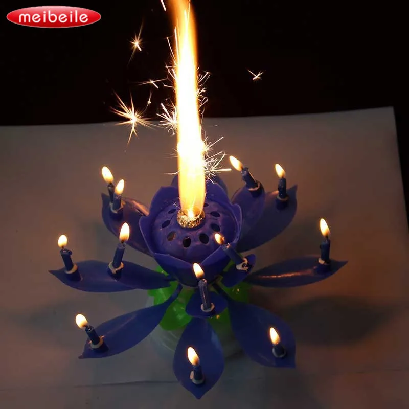 Музыкальный цветок-украшение подарок праздничные вечерние темно-синие вращающиеся 14 свечей для детей день рождения Рождественское украшение свечей