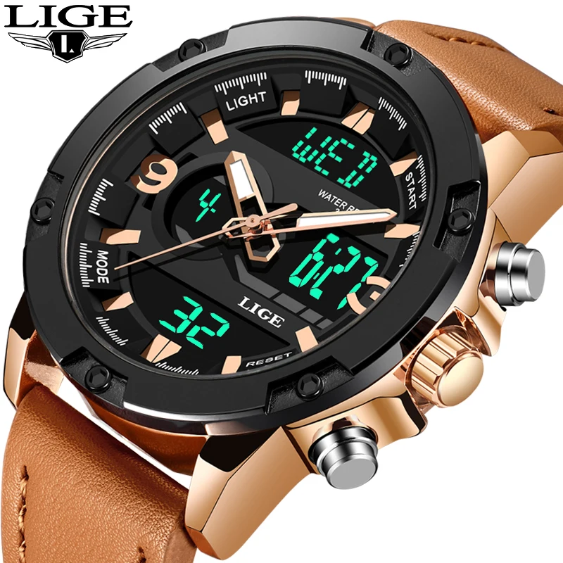 

LIGE Multifunction Waterproof Quartz Luxury LED Digital Dual Display Men Watch Sport Leather Strap Chronograph relogio masculino