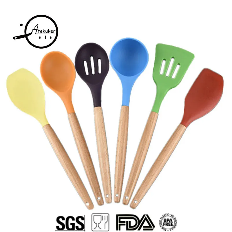Atekuker 6Pcs Cooking Tools For Kitchen Wood Handle Spoon Spatula Ladle Scraper Kitchen Utensils Set Atekuker 6Pcs Cooking Tools For Kitchen Wood Handle Spoon Spatula Ladle Scraper Kitchen Utensils Set