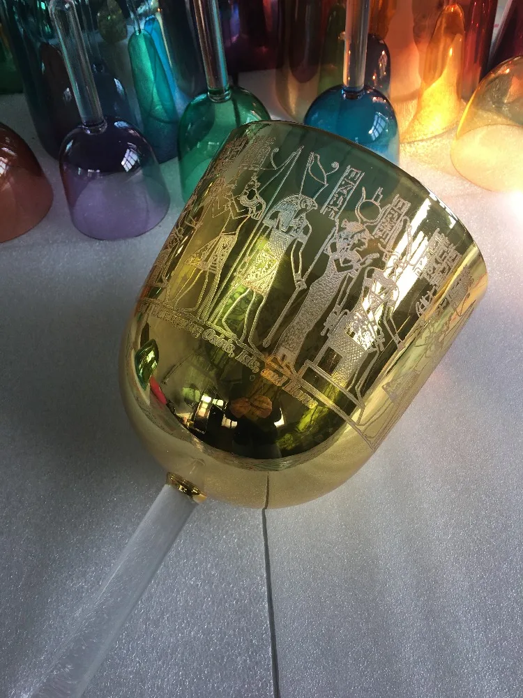 alchemy golden crystal singing handle bowl 7" with egyptian carved