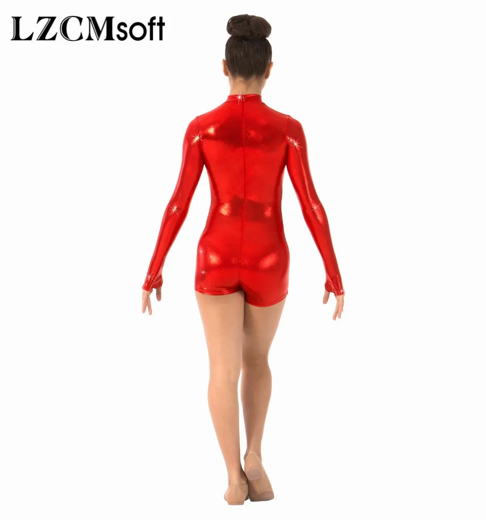 LZCMsoft блестящие металлические бикетарды с длинным рукавом, цельные боди с мокром эффектом, женские костюмы для гимнастики, сценического представления