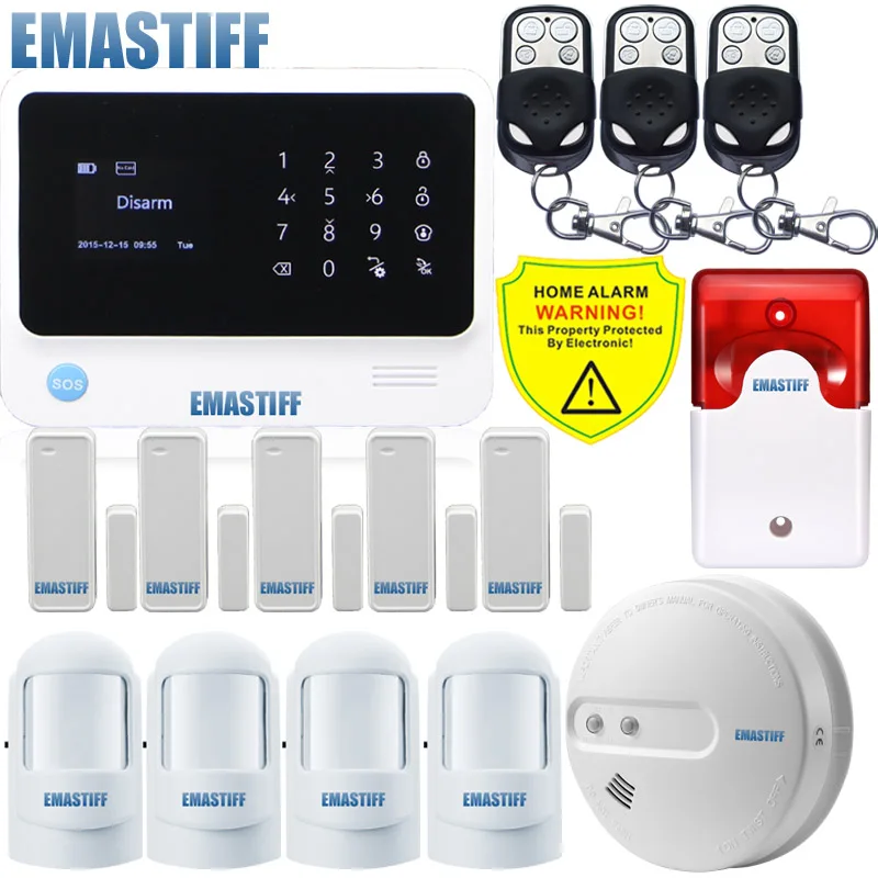 

Free Shipping!English/Russian/Spanish device Wireless new smoke WiFi GSM GPRS Home Alarm System Security wired Flash Siren