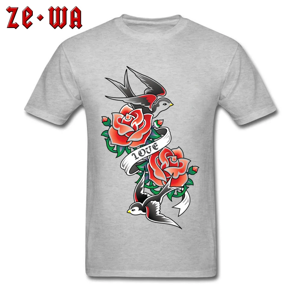 old school tattoo rose swallow Cheap 3D Printed T-shirts O Neck 100% Cotton Tops Shirts for Men Tops Tees Summer/Autumn old school tattoo rose swallow grey