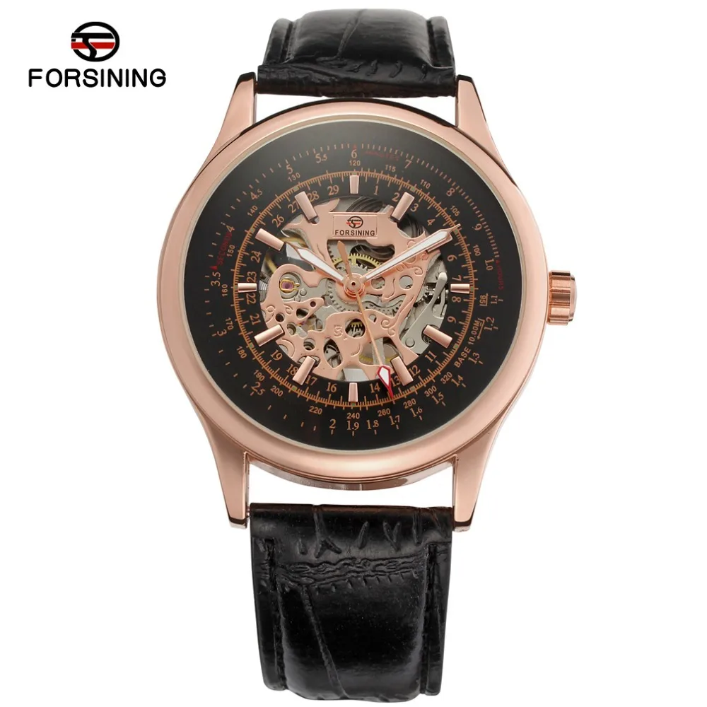 

Forsining Skeleton Business Watch Leather Black Dial Rose Gold Color Bezel men mechanical import reloj gift box / FSG8100M3R3